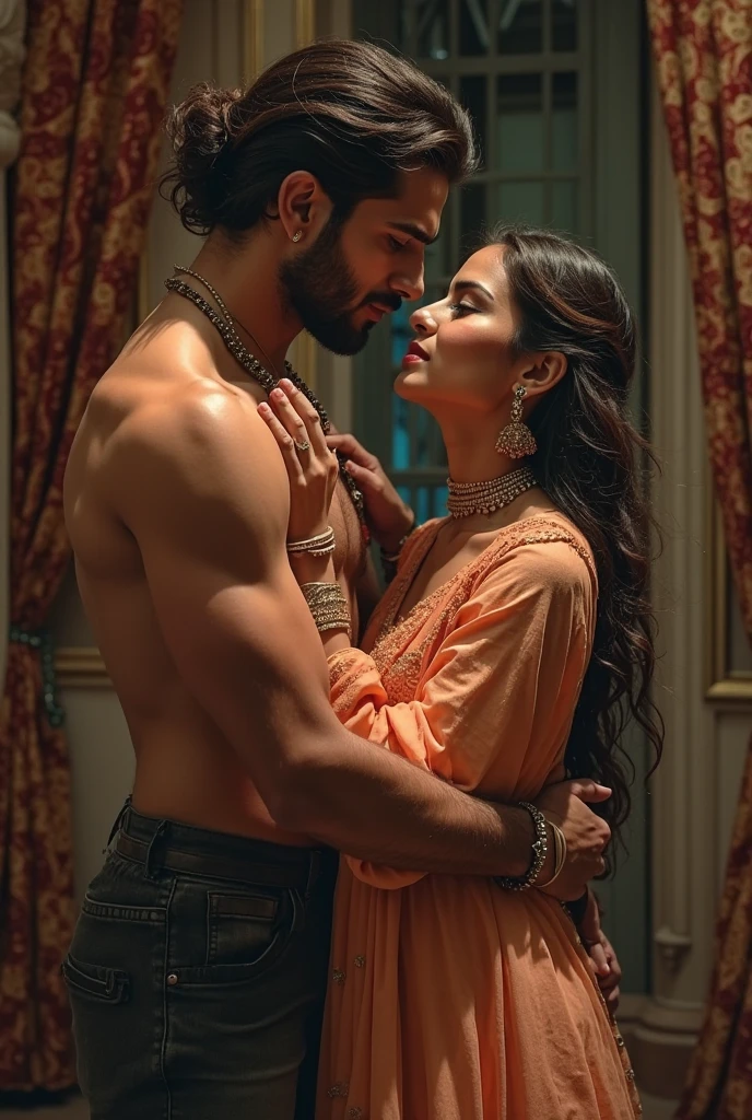 Beautiful indian woman in dark pink saree lifting and picking up a chubby man in her arms in a room