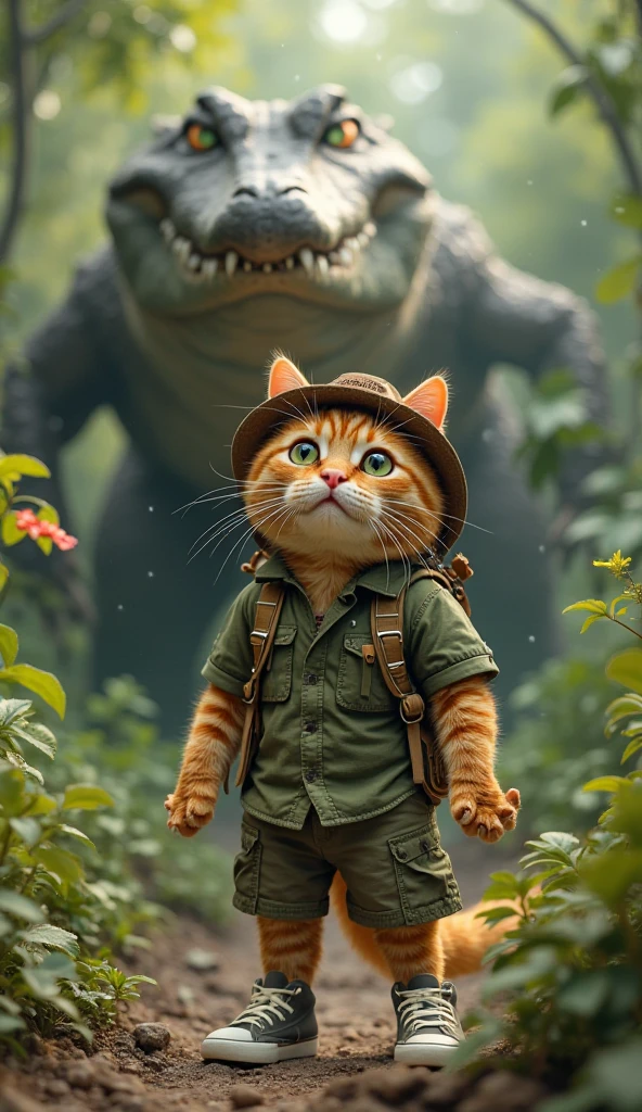 A cat with a real tabby orange feet , A real huge crocodile behind the cat , The cat wears green Explorer clothes and blue shorts and white sneakers ,On the side there are 8k quality plants