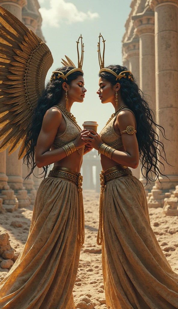 One female mummy、Detailed eyes、（long long_Glowing in gold_Straight Hair＿Twin tails：1.7）、Intricate Egyptian-style bandages wrapped all over the body、Golden jewels and ornamentysteriously glowing blue aura、Ancient Egyptian temple background、Dramatic lighting、Cinematic composition、Calm colorasterpiece、8K、Photorealistic、Super detailed