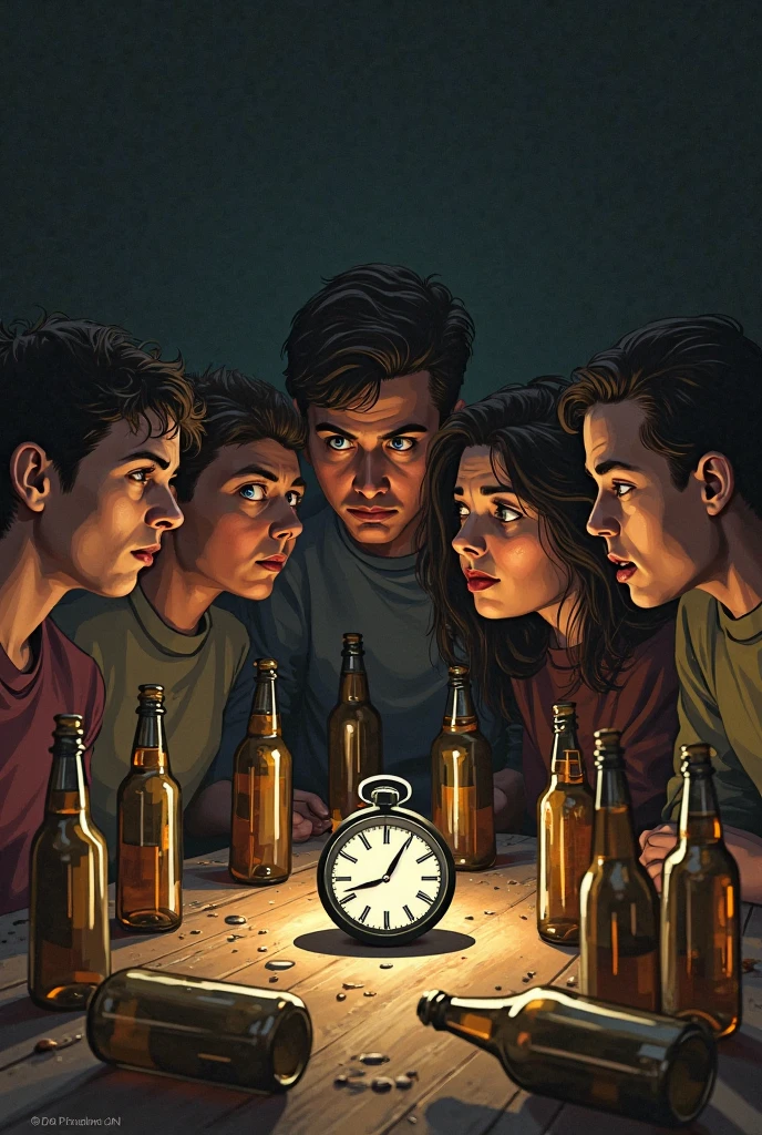 Students playing spin the bottle in the dark with sinister smiles. The image must be animated.