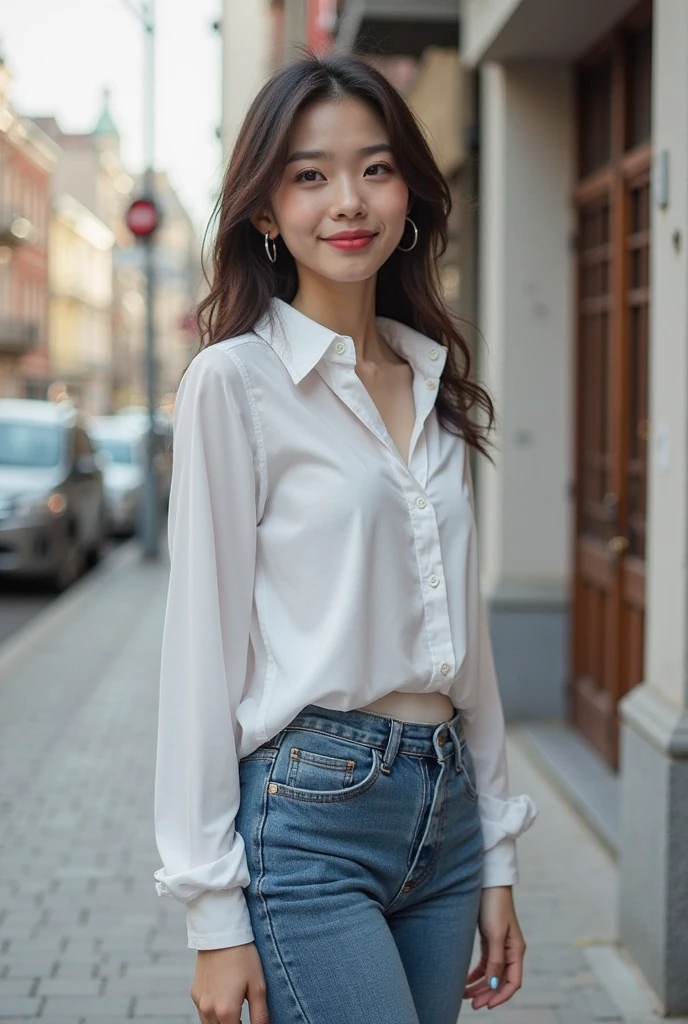(((best quality))),(((ultra detailed))),(((masterpiece))),illustration,((1 beautiful girl,solo)),((short half ponytail,short hair)),(fair skin:1.3),(detailed eyes:1.3),(smile:1.3),((slim,thin)),((small breasts,flat chest)), (oversize white collared sleeved shirt:1.3), (micro denim shorts:1.2),(slender legs:1.2),(standing:1.3),((vibrant colors, soft glow)), (active and healthy lifestyle,youthful charm),((on the street,cyberpunk city, towering skyscrapers)),(warm sunset glow:1.3),(detailed background:1.3),((vivid neon signs, holographic advertisements, electric atmosphere)),(outdoor:1.3),((summer,dusk scene)),((from front,upper body))