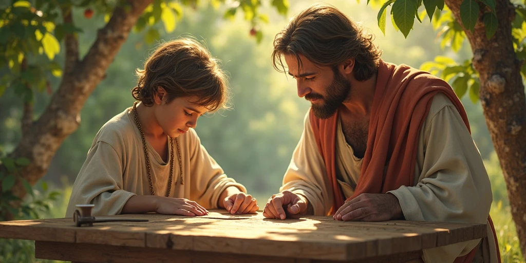 A compassionate Jesus, dressed in modern clothing, kneels in front of a grieving man and child, his gentle smile and comforting hand on the boy's shoulder.