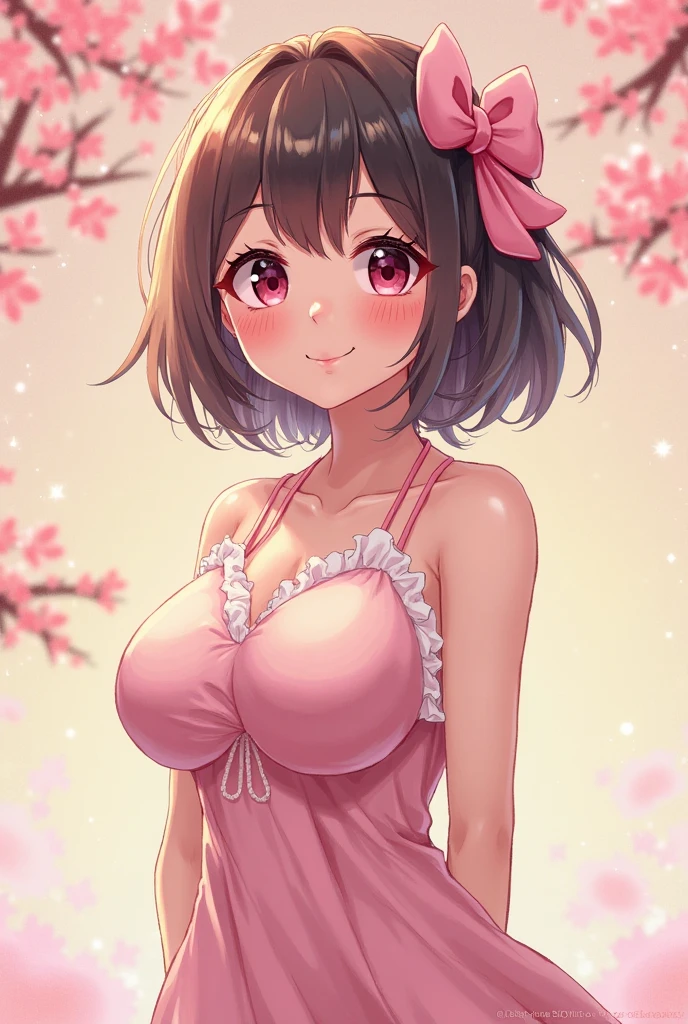 （tmasterpiece，best qualtiy：1.2），（looking at viewert），Nice face，Pink theme，cowboy lens，rays of sunshine，Powdered hair，Pink eyes，Pink jewelry，nedium breasts，on a Cherry blossom background，Hairstyle Random，Pink erotic clothes，Rabbit ears，cleavage，Pink clothes
