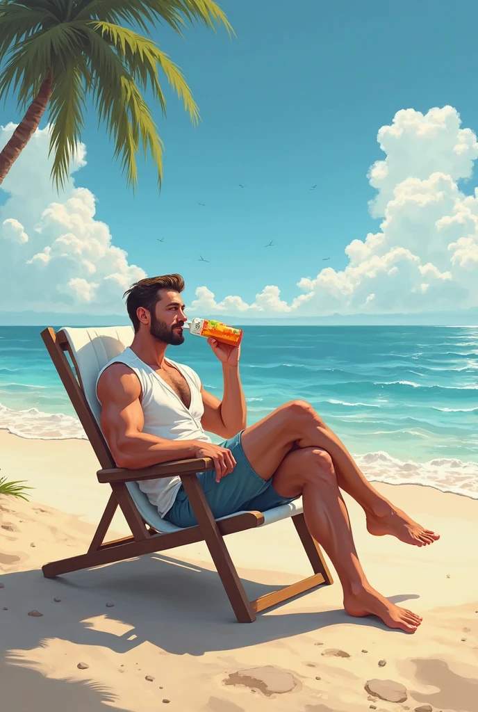 drawn in the form of a colored drawing, a fisherman is passed out on the sand of the beach and there is exactly one completely empty glass bottle next to him