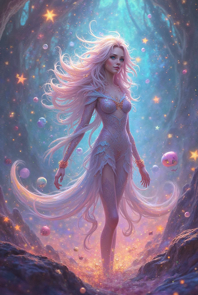 由五颜六色的星星制成的magic少女,magic,Starlight skirt,blond,water splash,hyper detailed masterpiece, Dynamic, good quality,pink love, Tempting, Tempting, enchanting, Heart PiaoDonM3l3m3nt4lXL,