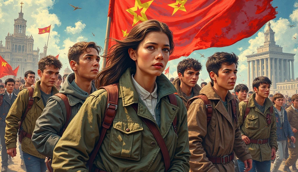 (best quality:1.2), father and mother with son, smile, looking at camera, soviet union, poster,placard,Soviet style,World map soviet flag background, Soviet military uniform, <lora:soviet-poster:0.7>
