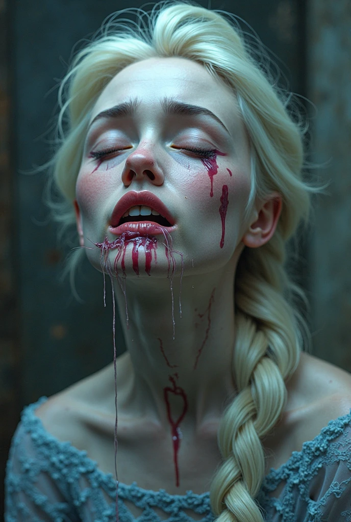 (photorealistic) photo, (masterpieces), beautiful lighting, best quality, realistic, full posture, full body, real picture, intricate details, depth of field, Elsa from Frozen as Carrie from horror movie, She has a mad and demented look, she is all covered in blood, dripping, all in blood(hair, face, neck, body, hands, clothes, legs), blood drips from hair, face and hands, barefoot, backgroung is land of ice from the fairy tale "frozen", stands in the middle of the street fujifilm xt3, Beautiful lighting, RAW photo, 8k uhd, film grain ((bokeh))