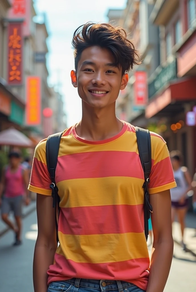 (best quality, 4K, 8k, high resolution, Masterpiece: 1.2), Special details, (realistically, As realistic as a photo, photo realistic: 1.37), Edge lighting, Extra detailed coloring, sharp focus, Physical rendering ,Extremely detailed description,professional,light color,Bokeh,Portrait,look at the viewer, Talay, a young Asian man, 20 years old ,(Wear a T-shirt), smile