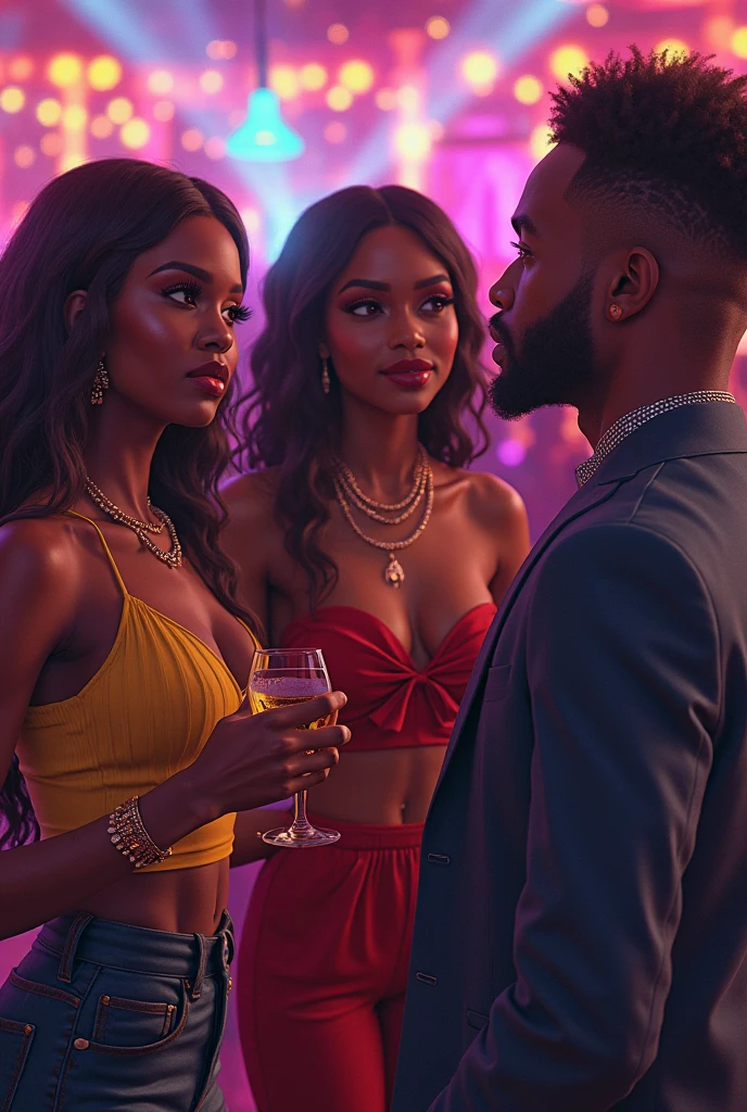 AFRICAN HIP-HOP RAPPER WITH WELL TIED HAIR ON HIS HEAD. HE IS WEARING BLACK SHADES. HE IS WEARING GOLD SHINNING NECKLACE AND GOLDEN WATCH. HE IS WEARING SHINNING BLACK SHIRT AND A GREEN MILITARY JACKET. HE IS WEARING BLACK PANTS. HIS BEAUTIFUL LIGHT SKINNED AFRICAN WIFE IS PREGNANT. SHE IS WEARING BLACK SHADES AND A LONG BLACK DRESS. SHE IS WEARING A GLITTERING DIAMOND NECKLACE. SHE HAS BRAIDED HAIR. SHE IS LAUGHING LOUD HOLDING A GLASS OF WINE IN ONE HAND. HER OTHER HAND IS HOLDING HER EXPENSIVE SMART PHONE & HANDBAG. THE COUPLE IS IN A HIGH CLASS BAR DANCING HAVING A GOOD TIME