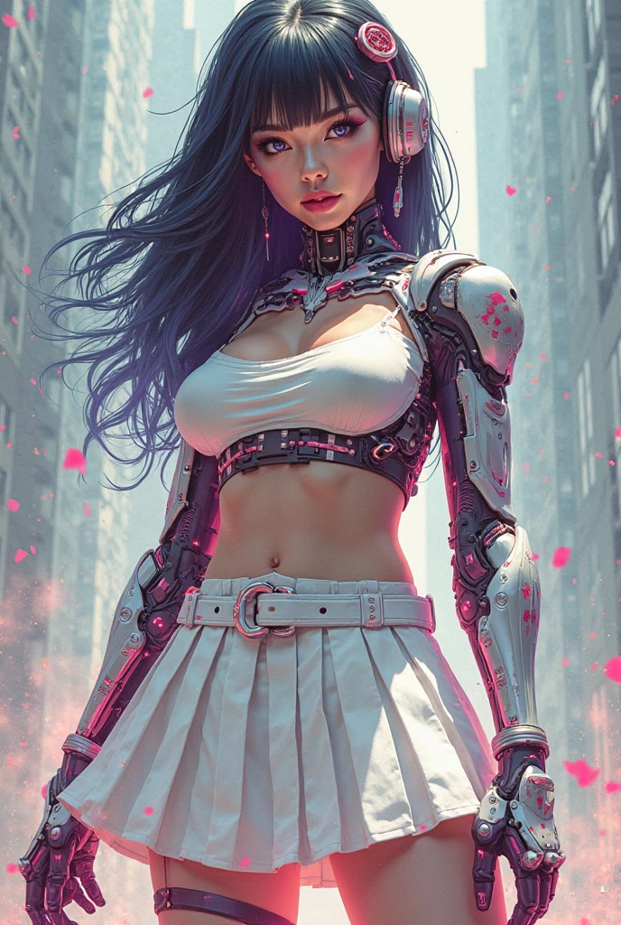 (masterpiece:1.2),(in the highest quality),(white skirt),(Very high resolution),(meilleures illustrations),8K,Wallpaper, Beautiful female cyborg , full body , psychedelic ,Art vectoriel,layered textures,progressif,populaire,sf,cyberpunk,super :2.0