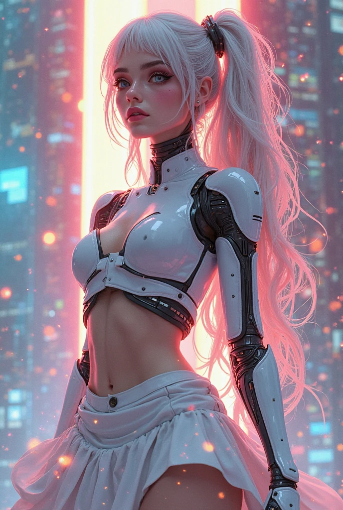 (masterpiece:1.2),(in the highest quality),(white skirt),(Very high resolution),(meilleures illustrations),8K,Wallpaper, Beautiful female cyborg , full body , psychedelic ,Art vectoriel,layered textures,progressif,populaire,sf,cyberpunk,super :2.0