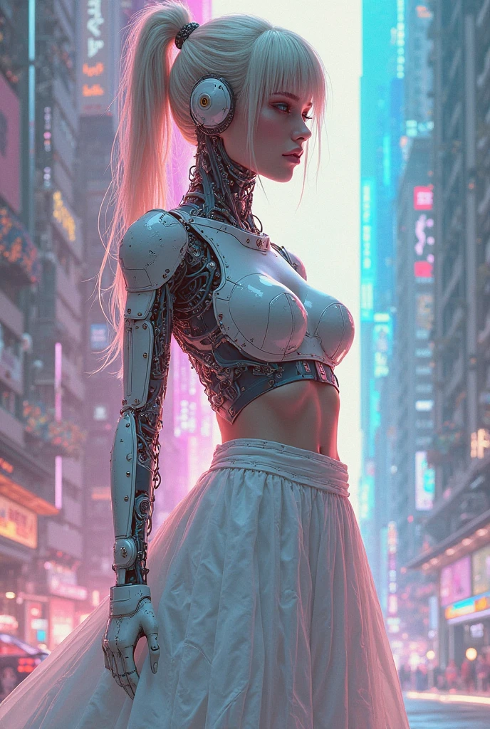 (masterpiece:1.2),(in the highest quality),(white skirt),(Very high resolution),(meilleures illustrations),8K,Wallpaper, Beautiful female cyborg , full body , psychedelic ,Art vectoriel,layered textures,progressif,populaire,sf,cyberpunk,super :2.0
