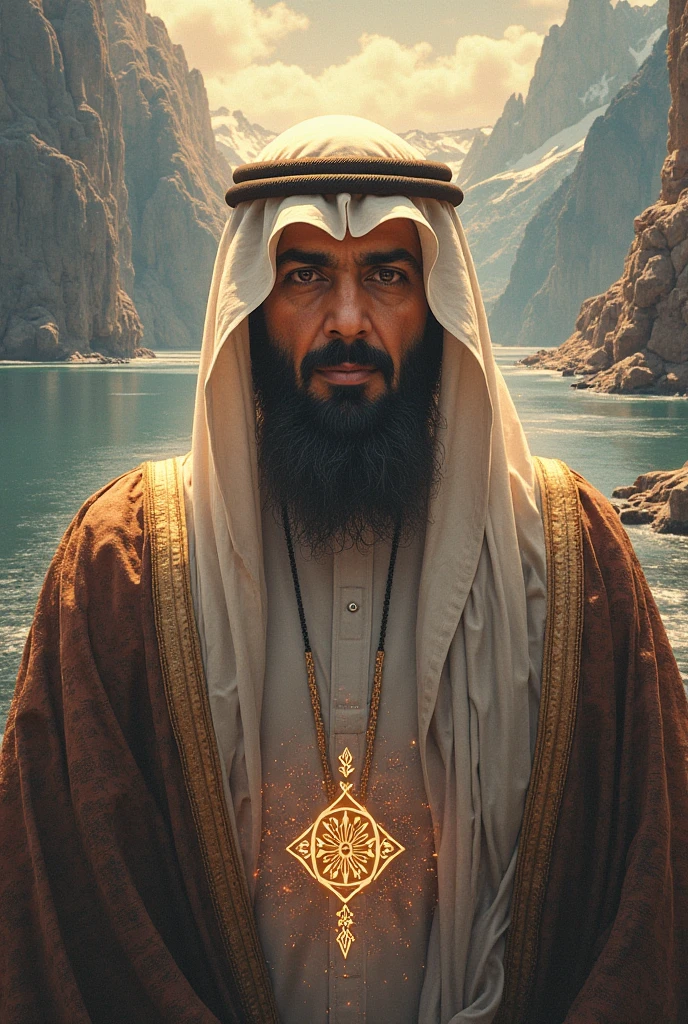 An arabic man with white clothes floating in middle a sea. Storm everywhere. Dark sky.