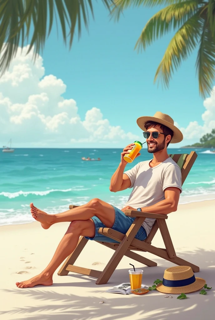 Create a young man lying on the beach, in swim trunks, with a blue styrofoam box next to it, and giving a thumbs up