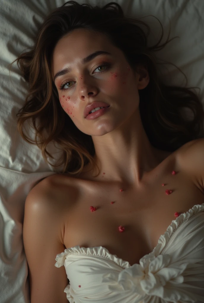 generate a film poster with a girl lying in a bed of white flowers and mirror shards doused in blood with characters on it