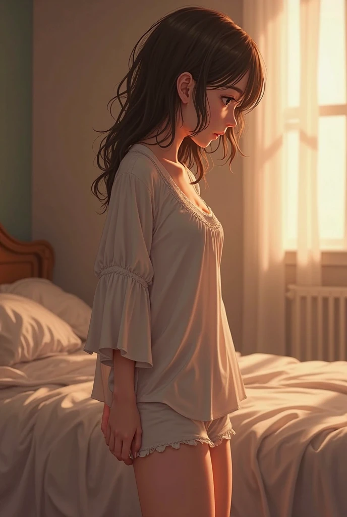 perfect face, lying in bed and sleeping, take off all clothes, rainy window, Rainy night, eyes closed, bare-breasted, Dressed in underwear