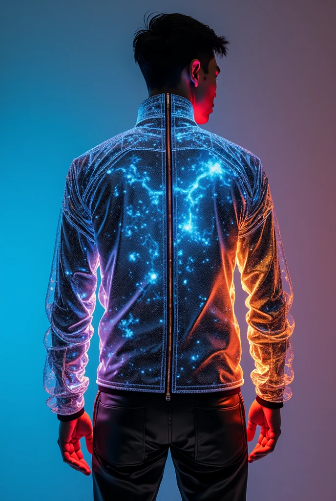Cyberfuturistic smart clothing dynamic visual design, 8K ultra-fine rendering, 1 man wearing Cyber Future 3025 clothing, asymmetrical jacket, prismatic nano fabric gradient between warm amber and cold cobalt blue, 0.3 second delay afterimage left at the hem, containing PANTONE 15-3920 TCX Nebula Blue Luminous Celestial Particles
, the surface of the fabric projects the holographic wireframe data of the object to form a real-time AR overlay
, transparent field collar, activates the lattice pattern,
, the back of the neck embroidery is fused with the Chinese 28 Suzhou and Kepler-452 star map, using electroluminescent silk thread,
Cuff projection, pulsar timing array showing interstellar migration coordinates,
Supernova wreckage button with fractal meteorite texture (Vickers 850)
, the photon cuff shows a real-time galaxy rotation animation through an array of quantum dots
, the geometric light path when folded into a dodecahedron,
, when activated, the stress point emerges as a navigation constellation glow
, Blade Runner 2049× Iris van Herpen Bionic Haute Couture, Unreal Engine 5nm detail rendering
, volumetric nebula lighting with chromatic aberration effect
, gradient of emotional response #FF6B6B (anxiety) → #6BFFB8 (calm)