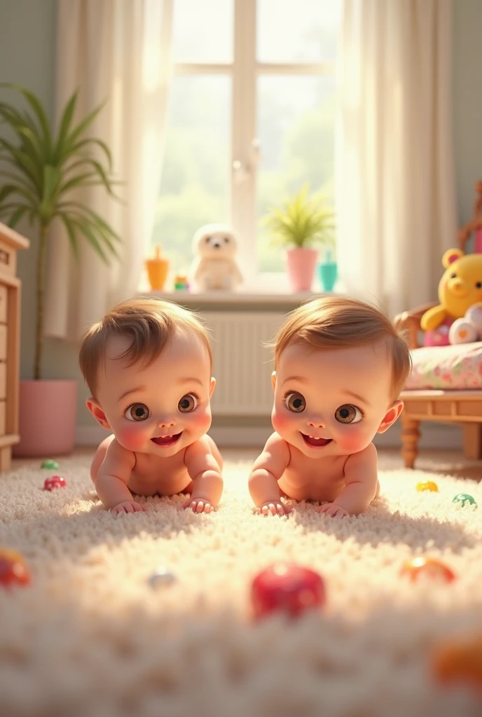 Create an image of two babies sucking on pacifiers, a girl and a boy, They are brothers and they are redheads, Both have freckles and have some traits of Hermione Granger and Ron Weasley, They were playing with their toys*
