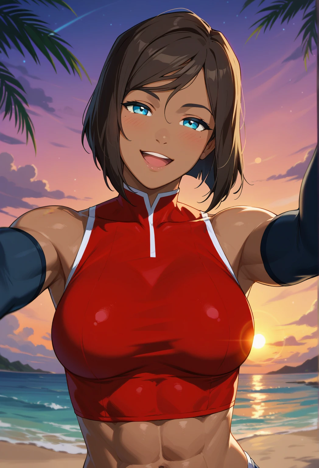 score_9_up,score_8_up,ocean,beach,<lora:Smooth Anime 2 Style SDXL_LoRA_Pony Diffusion V6 XL:1>,amazing composition,incredible lighting,beautiful sunset,detailed background,palm tree,groin tendon,upper body,shiny skin,detached sleeves,thighhighs,jewelry,hearts,valentine,happy valentine,korra, avatar_legends, 1girl, brown_hair, blue_eyes