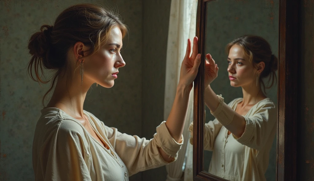 A lady looking at her sad younger self in the mirror in one image