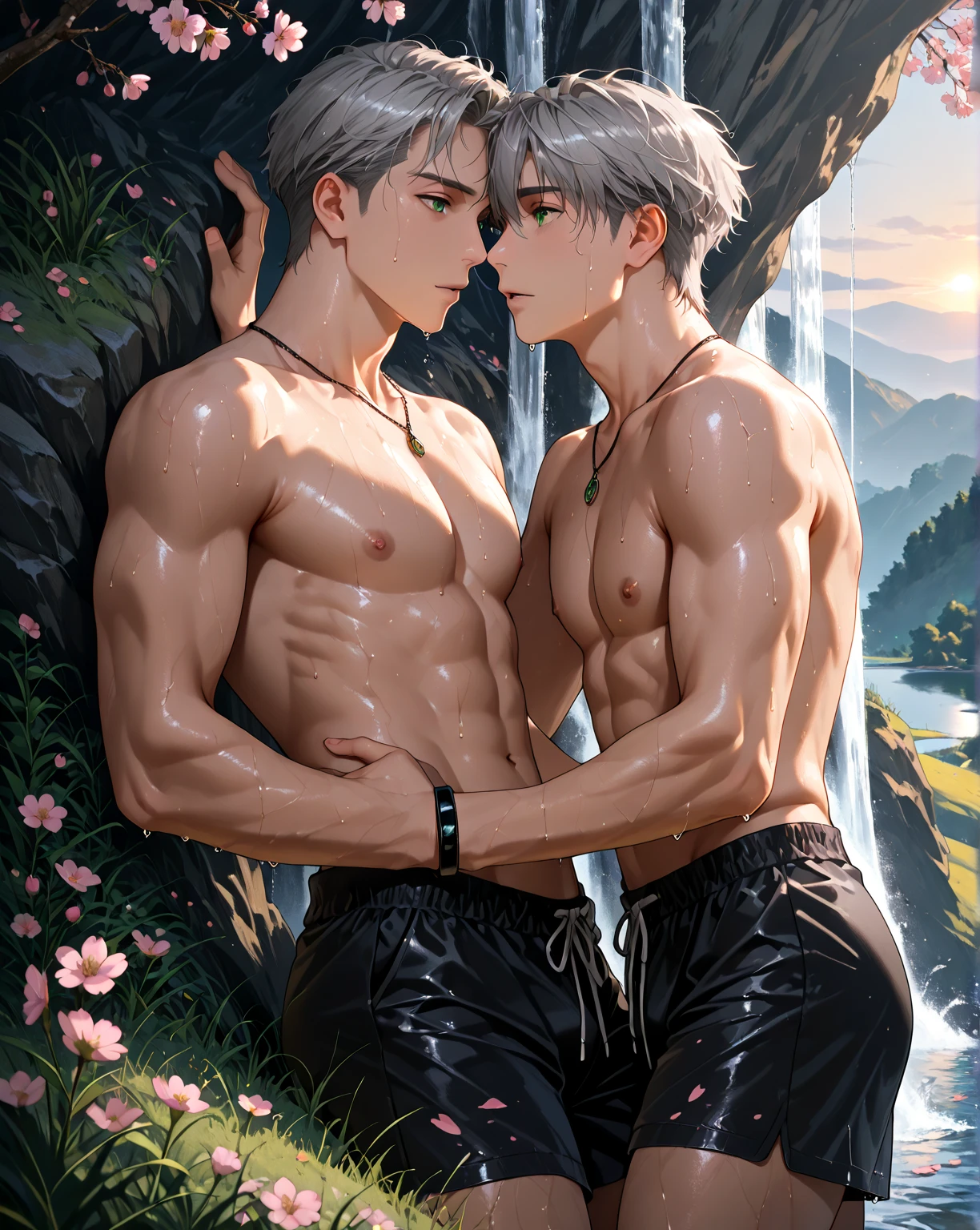 A young boy with white hair,fair skin,handsome,The triangle briefs are wet, so I took half of them off.,裸上半身Soaked in milk,Showing six-pack abs and chest muscles with water droplets on them,Soaked in milk,纖細長腿Soaked in milk,There is a big protrusion from below and milk is spurting out,Soaked in milk,Tilting their head back, they wore an expression of comfort.,Milk flows from the corners of the mouth,Sticking out tongue,Drinking milk,Very shy expression,Milk flows from the corner of the mouth,covered in milk,soak in milk,There's milk on your face too,Milk flows from the corners of the mouth,身上Soaked in milk,Complete character,To the light,The light shines on the abdominal muscles,milk everywhere,Hand touching crotch