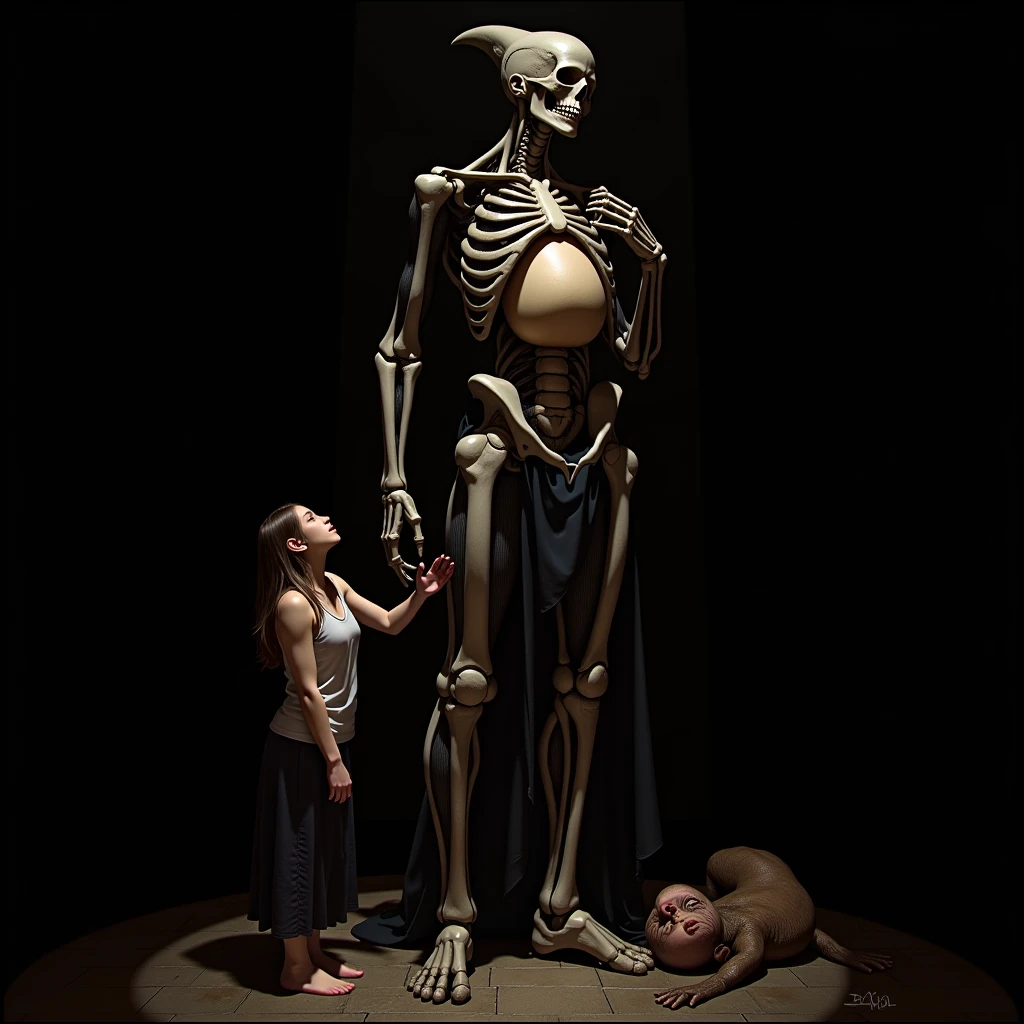 "(The best lighting, alto contraste, oscuro, dramatic),(Chica rubia junto a una cabra negra gigante, Open the rib cage, feto, autopsia, huesos humanos, sangre por las paredes). Luz Caravaggio"