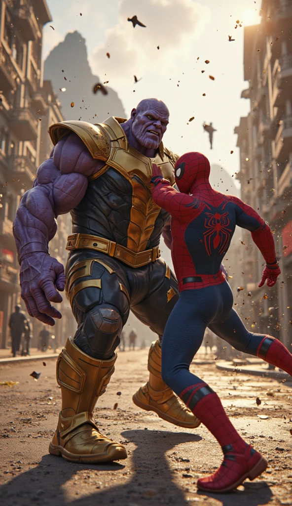 Iron Man is shown in an intense battle with Thanos, where Thanos is overpowering Iron Man, gripping him forcefully and preparing to deliver a devastating blow. Iron Man's suit is visibly damaged, and his face displays determination and pain as he struggles against Thanos. In the background, the other Avengers, like Spider-Man, Captain America, and Thor, are engaged in their own fights with various villains, but the primary focus is on the intense clash between Iron Man and Thanos. The scene is set with dark, dramatic colors to highlight the chaotic and high-stakes nature of the battle."
