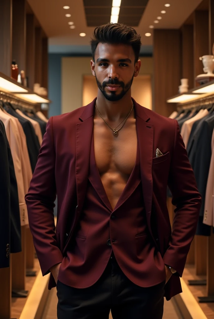 a muscular shirtless man with defined abs and pectorals, wearing black pants and an open purple jacket, standing on a staircase, looking at the viewer with his tongue out, short brown hair, facial hair, tattooed chest, (best quality,4k,8k,highres,masterpiece:1.2),ultra-detailed,(realistic,photorealistic,photo-realistic:1.37),solo,male_focus,navel,bara,pants,muscular_male,facial_hair,short_hair,open_clothes,stairs,black_pants,tongue,looking_at_viewer,tongue_out,large_pectorals,brown_hair,coat,chest_hair,jacket,shirt, purple_jacket, chest_tattoo, sexy_expression