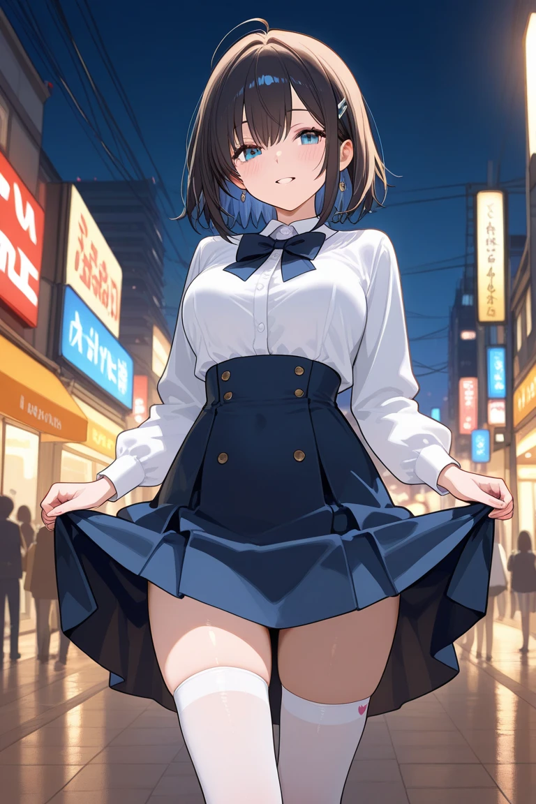 ((masterpiece、Highest quality、Very detailed))、((18-year-old girl))、Black Hair、Short Hair、Twin tails、Blunt bangs、black eye、(Red eyeliner)、((Grin))、(Lots of earrings))、Large Breasts、((Pink ruffle shirt))、Long sleeve、Black tie、((Black ruffled mini skirt))、((Black knee socks))、(((Pull up your skirt yourself)))、((Panties peeking out from under the skirt))、Cowboy Shot、((Center Street at night))、(((Looking up from below)))