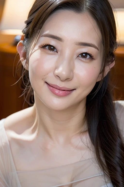 ((Masterpiece, highest quality, High resolution, Photorealistic, RAW Photos, 8k wallpaper)), Very detailed, Look at me and smile、V-neck sweater、(1 45 year old Japanese mature woman:1.1)、(Accurate anatomy:1.1)、 Detailed face, Beautiful Eyes, bangs, (Small cleavage:1.1)、(Sweaty:1.1)、(Hair drenched in sweat:1.1)、(Ultra-thin real sweatshirt:1.1)、(Perfectly recreates the texture of wet hair:1.1)、Hot face、blushed、Hot face、(Recreates the texture and shine of wet hair:1.1)、(Hair that gets wet and sticks to the skin:1.1)、(Disheveled, messy hair soaked with sweat:1.1)、(Wet textured shiny hair:1.1)、Very long wet hair、(Sweaty skin:1.1)、(汗でMoisturized and radiant skin:1.1)、(Moisturized and radiant skin:1.1)、Perfect Makeup、Long eyelashes、Bright red lipstick、Plump and beautiful lips, Beautiful and shining lips、(Woman&#39;s face close-up:1.2)、(Blurred luxury love hotel bedroom:1.1)、(Warm and romantic lighting:1.1), (Calm colors:1.1)、Enchanting、Overflowing sex appeal、Ultra-high definition beauty face、Ultra HD Hair、Ultra-high definition sparkling eyes、(超High resolutionの完璧な美しい歯:1.1)、(Accurate and beautiful teeth:1.1)、(超High resolutionの艶肌:1.1)、超High resolutionの艶やかな唇、Lustrous and bright lips