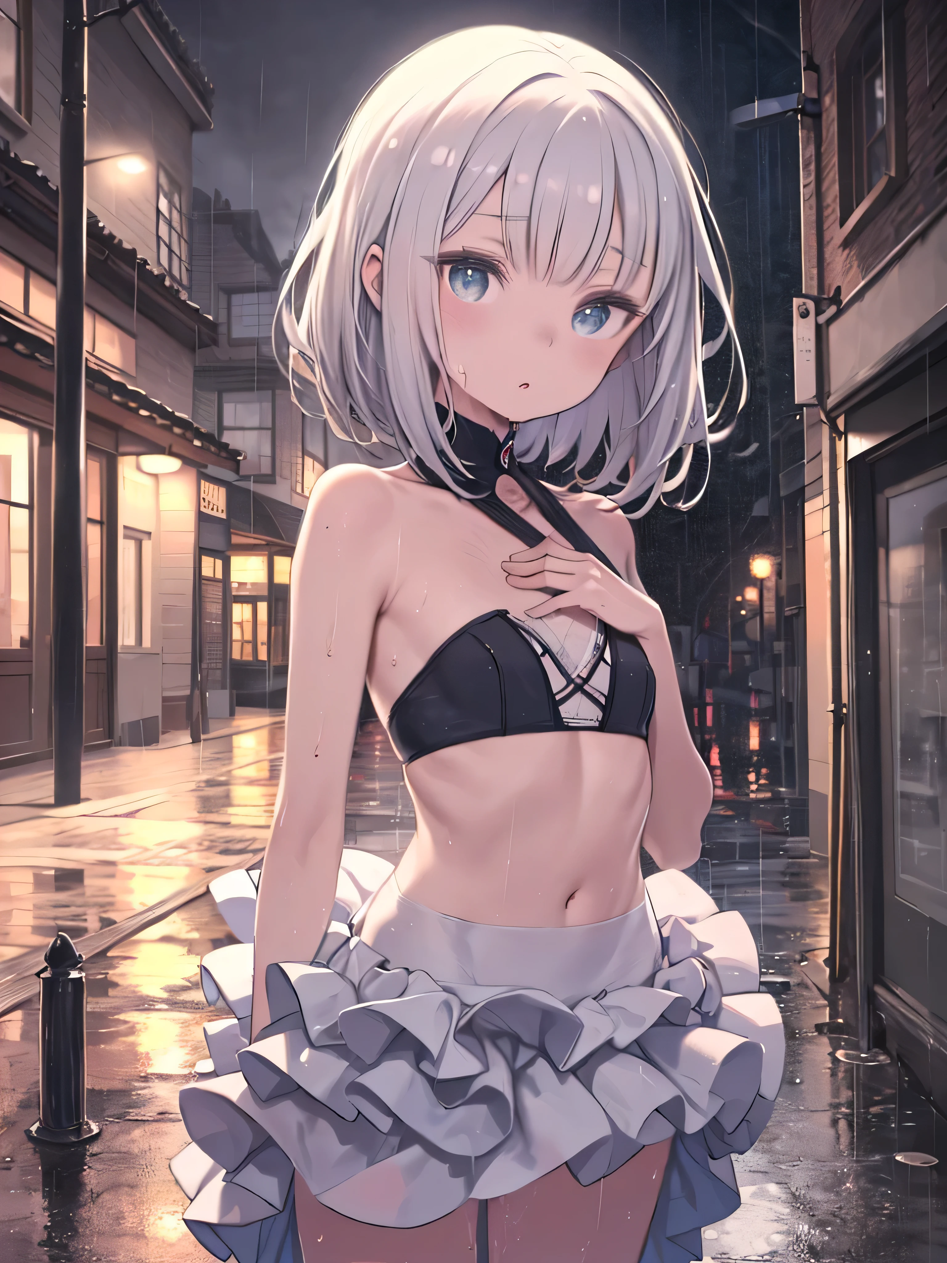 Masterpiece, Improved quality, High quality, Good anatomy, Healthy body, Whole fingers, Normal digits, 4k quality image, Girl, beautiful girl, perfect body, full body, perfect girl, long white hair messy back, blue eyes, natural smile, small breast, heavy rain with thunder strike, black mini skirt, white shoes, she is holding a red bag, in a city alley, wet clothes, from above.