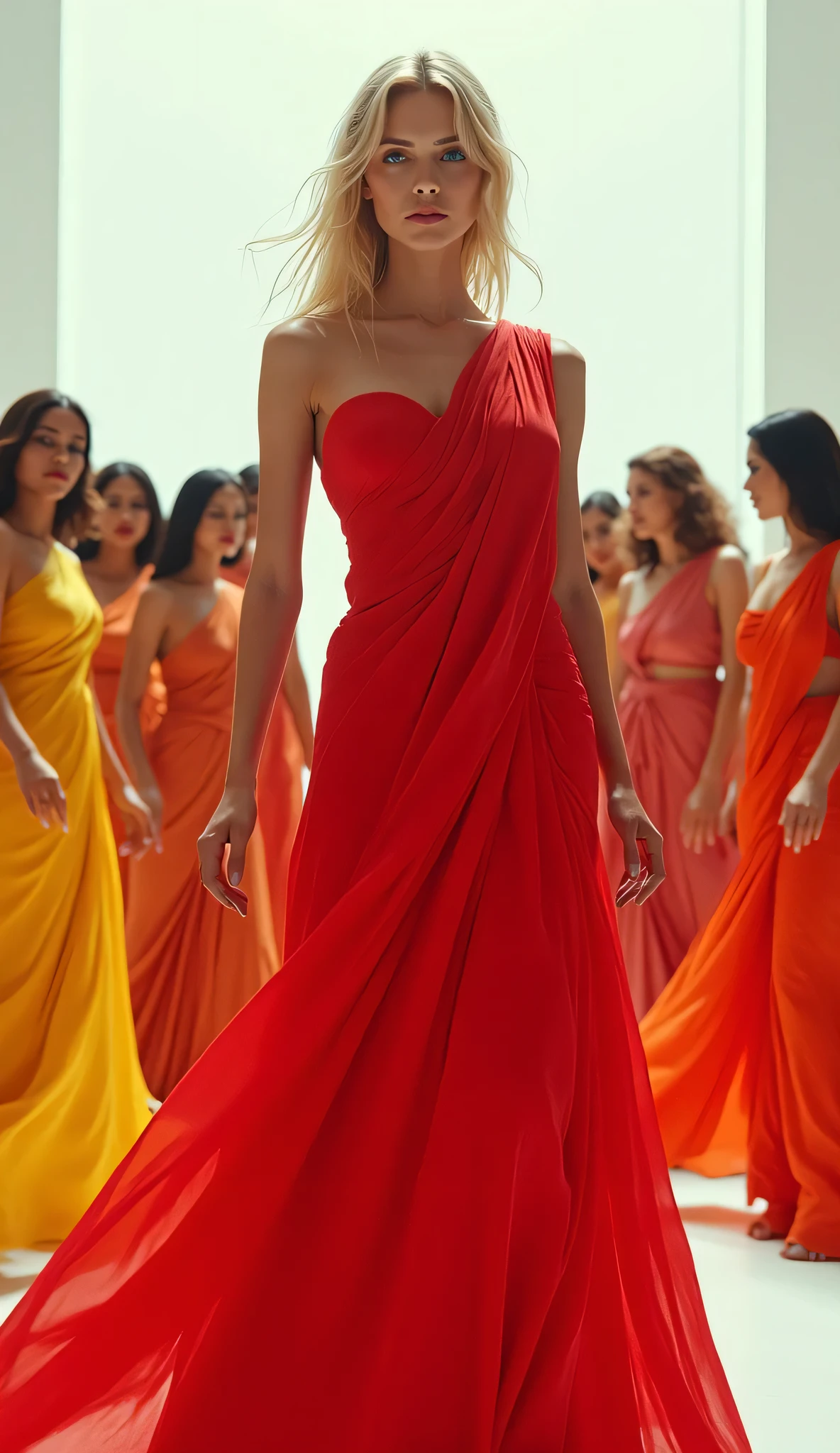 High Definition Images、David Bowie's Let's Dance Images、 beautiful blonde 、hot、 slim、White South Indian Stage、Women Wearing Very Large Red Saree、natural pose、Dance Group of Indian Women of Various Colors、 in a white blank room 、woman staring at camera、Dancing Woman
