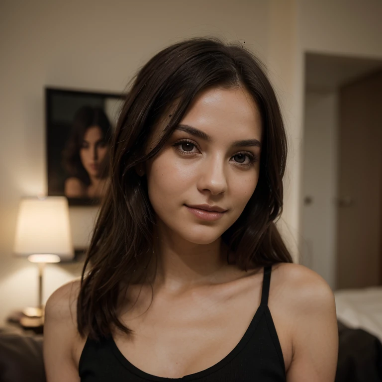 Jeune femme brune avec des yeux verts des taches de rousseurs un petit front des yeux ronds une bouche pulpeuse un nez pointu mais discret qui porte une robe noire dans une soirée dansante