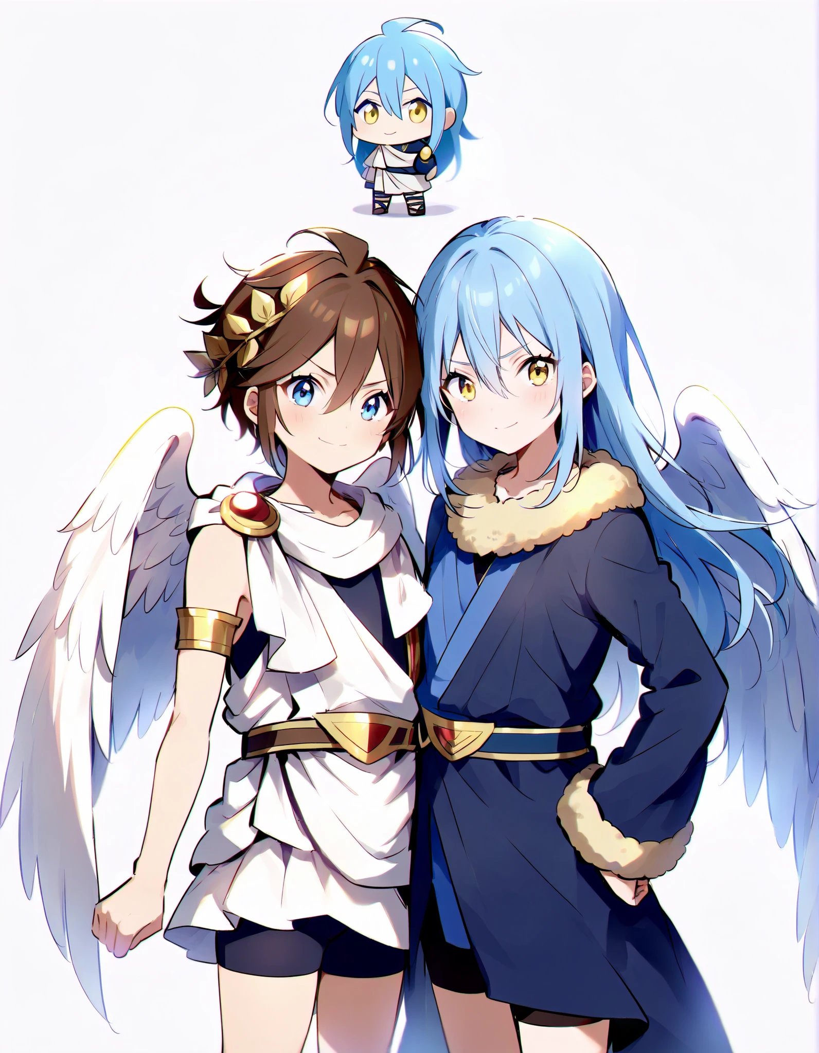 (((Highest Quality))), standing beside each other, two character, 2characters, 2boys, BREAK smile, rimuru_tempest, blue hair, yellow eyes, long hair, bangs, hair between eyes, androgynous, fur trim, blue clothes BREAK smile, pitt, brown hair, blue eyes, wings, angel wings, bike shorts, toga, grecian clothes