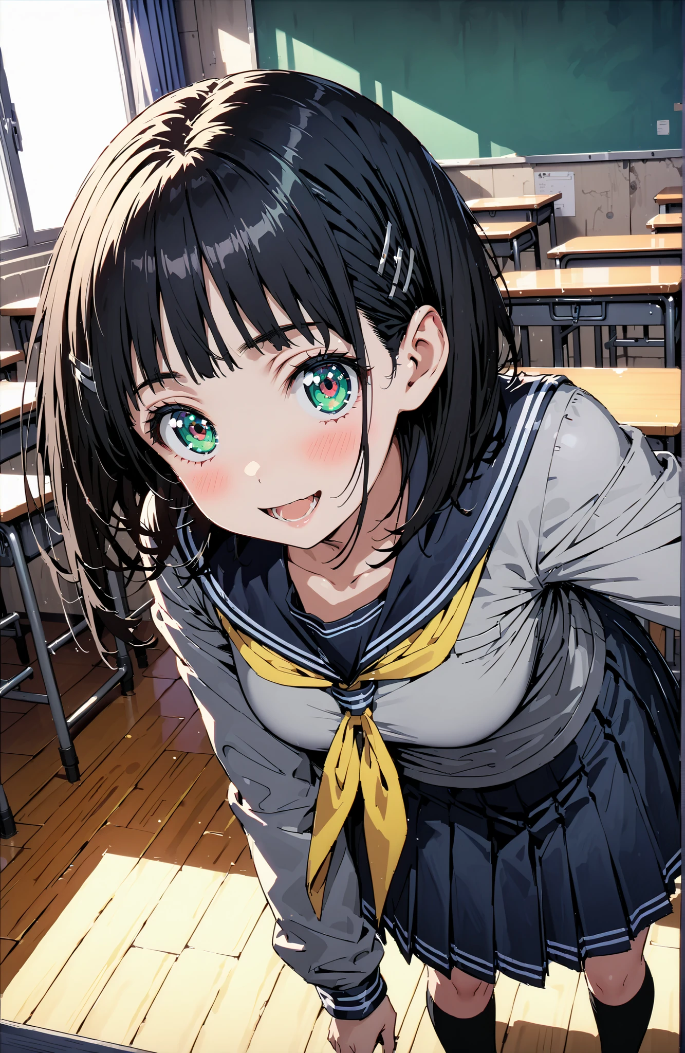Kirigaya Naoha , short hair, black hair, hair ornament, hair clip, green eyes,smile,blush,and open the mouth,
school uniform, skirt for ears, pleated skirt for ears, sailor collar, black skirt for ears, Sailor Suit, long sleeve, neckerchief, (gray sweater, sweater:1.2), black sailor collar, yellow neckerchief, black high socks,Holding a bouquet in both arms,standing,break looking at viewer,full body,
break indoors,Classroom,
break (masterpiece:1.2), best quality, high resolution, Unity 8Kの壁紙, ( illustration :0.8), (beautiful detailed eyes:1.6), very detailed faces, perfect lighting, very detailed CG, (perfect hand in h, 完璧な解剖学),
