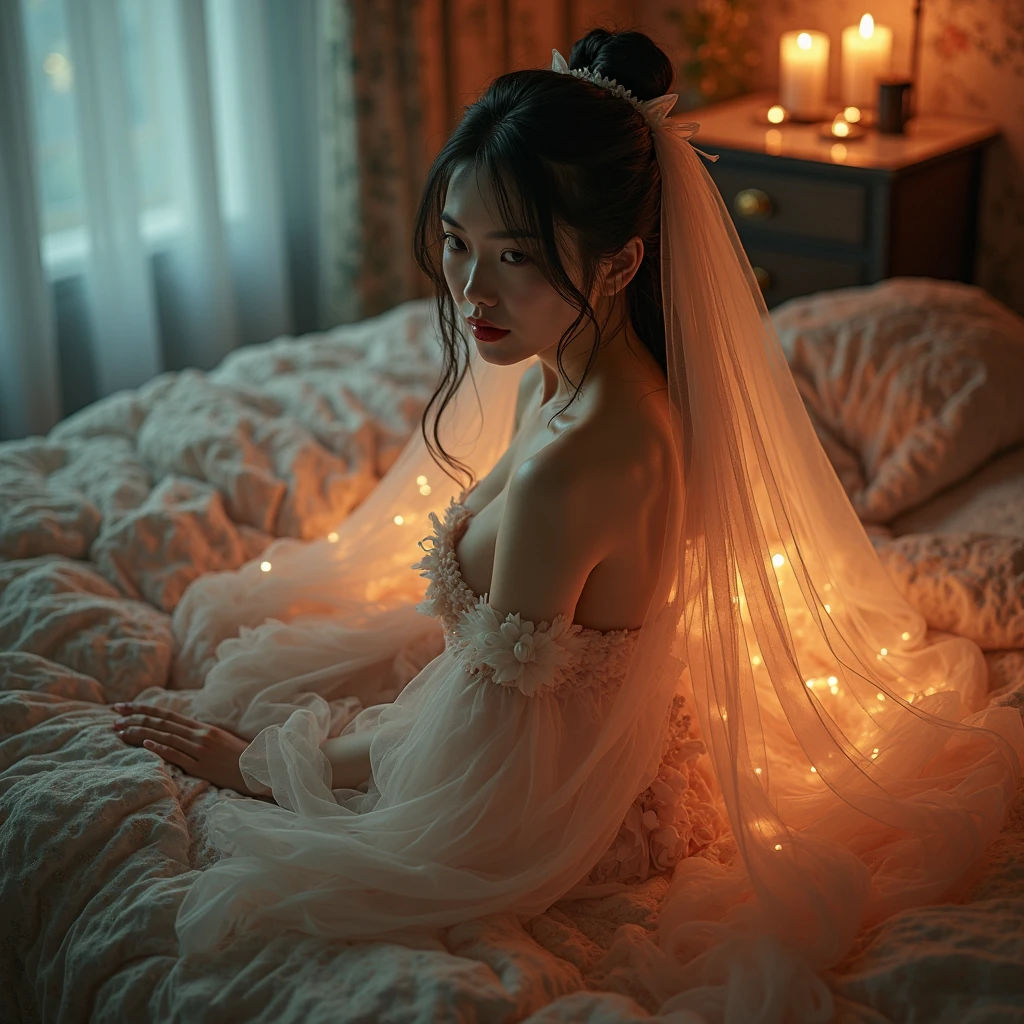 In your illustration, emphasize the soft glow of the moonlight on her skin and the shimmering white of her hair. Let the intricate lace patterns of her dress and the plushness of the bed contrast with her delicate bare feet. Convey her dreamy tranquility and the serene ambiance of the moonlit room in your masterpiece.