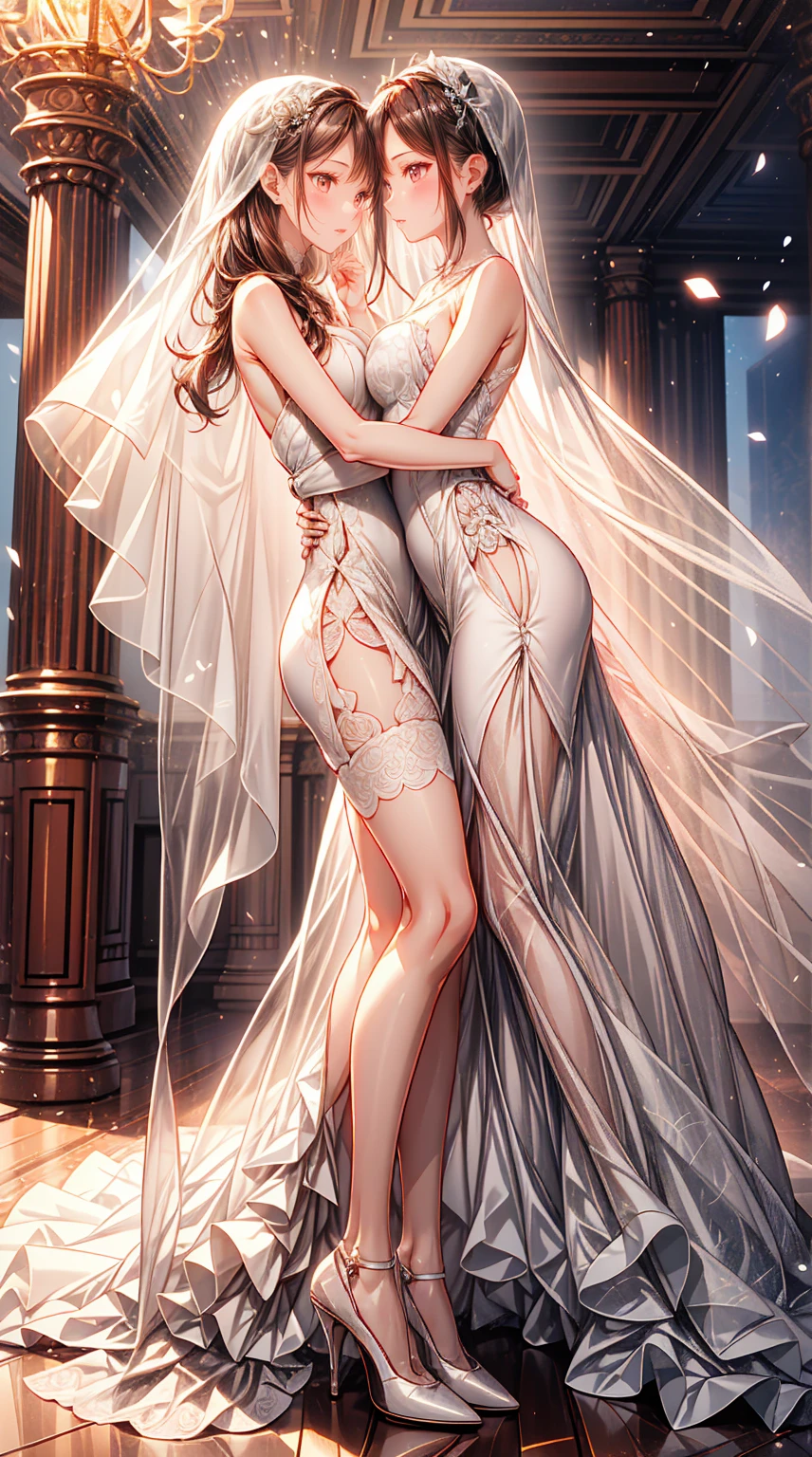 Body position: Standing, straight, symmetrical, barefoot, Lustful smile on face with red blush, 2 girls like Cassia Orsellio white pale skin with red eyes who gets married and stands in front of many people, nsfw, kissing
