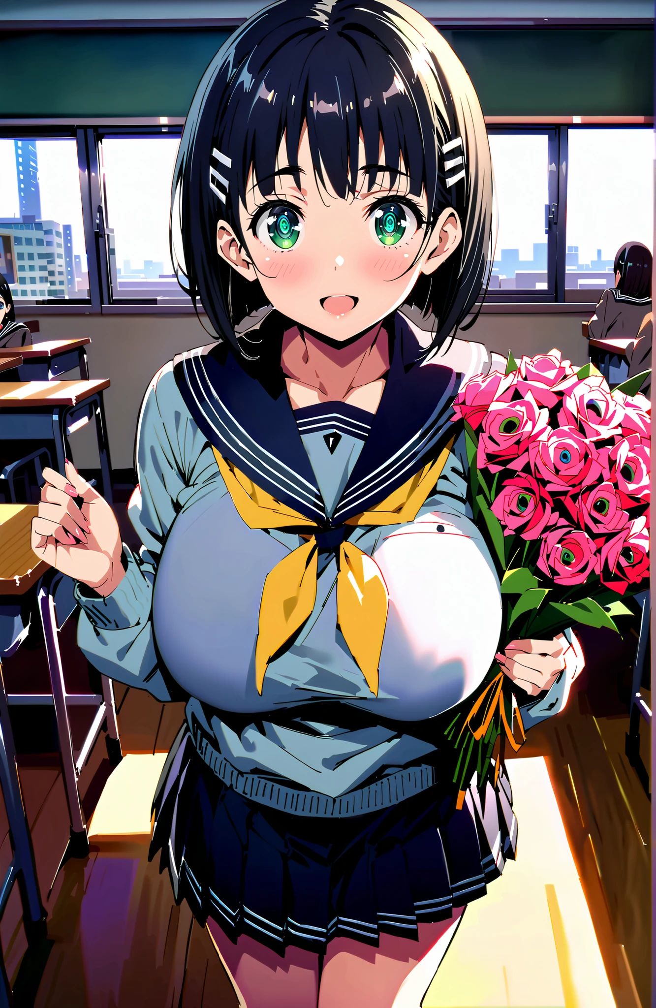 score_9, score_8_up, score_7_up, source_anime, Kirigaya Naoha , short hair, black hair, hair ornament, hair clip, green eyes,smile,blush,and open the mouth,Big Breasts,
school uniform, skirt for ears, pleated skirt for ears, sailor collar, black skirt for ears, Sailor Suit, long sleeve, neckerchief, (gray sweater, sweater:1.2), black sailor collar, yellow neckerchief, black high socks,Holding a bouquet in both arms,standing,break looking at viewer,full body,
break indoors,Classroom,
break (masterpiece:1.2), best quality, high resolution, Unity 8Kの壁紙, ( illustration :0.8), (beautiful detailed eyes:1.6), very detailed faces, perfect lighting, very detailed CG, (perfect hand in h, 完璧な解剖学),