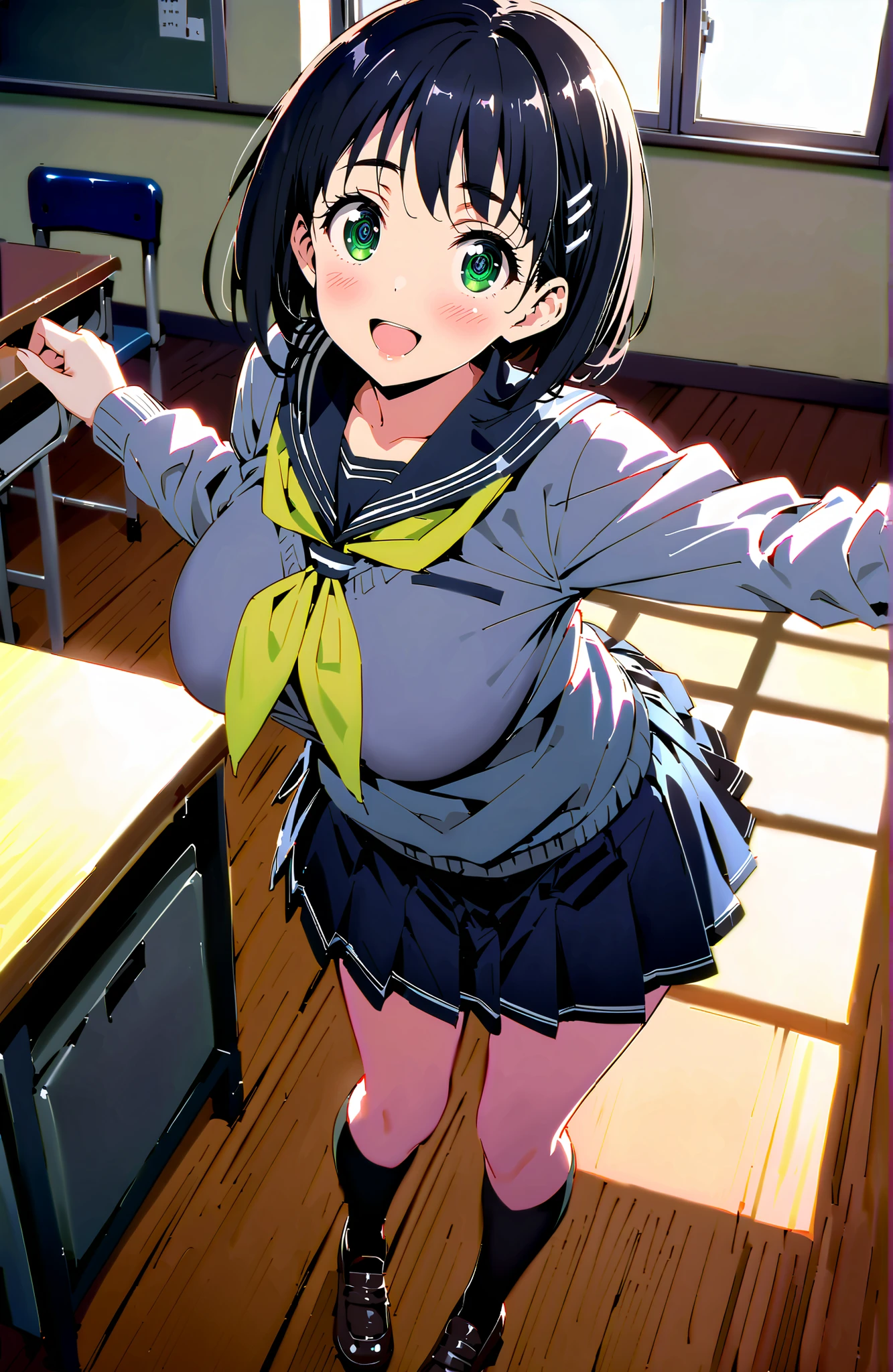 score_9, score_8_up, score_7_up, source_anime, Kirigaya Naoha , short hair, black hair, hair ornament, hair clip, green eyes,smile,blush,and open the mouth,Big Breasts,
school uniform, skirt for ears, pleated skirt for ears, sailor collar, black skirt for ears, Sailor Suit, long sleeve, neckerchief, (gray sweater, sweater:1.2), black sailor collar, yellow neckerchief, black high socks,Holding a bouquet in both arms,standing,break looking at viewer,full body,
break indoors,Classroom,
break (masterpiece:1.2), best quality, high resolution, Unity 8Kの壁紙, ( illustration :0.8), (beautiful detailed eyes:1.6), very detailed faces, perfect lighting, very detailed CG, (perfect hand in h, 完璧な解剖学),