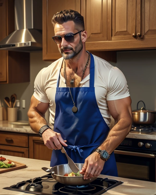 nsfw, hyper photorealistic, best quality, masterpiece, extremely detailed, masculine, sexy, homoerotic, extremely handsome, 25 year old man, muscular, pokemon tattoo on shoulder, cheeky smile, wearing only very short apron, cooking in kitchen, cinematic shadows, dreamy atmosphere, perfect face, perfect fingers, perfect hands, perfection