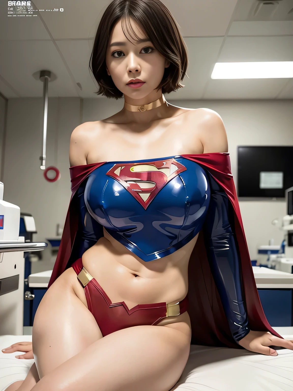 masterpiece、Injured short-haired Supergirl being examined on the operating table in the operating room..、model body shape、big and full breasts、test subject、look at the camera、shiny costume、milking machine、fresh cream、Bukkake、Covered with milk、Medical equipment、choker、exhausted、long sleeve、barefoot、red mini skirt、