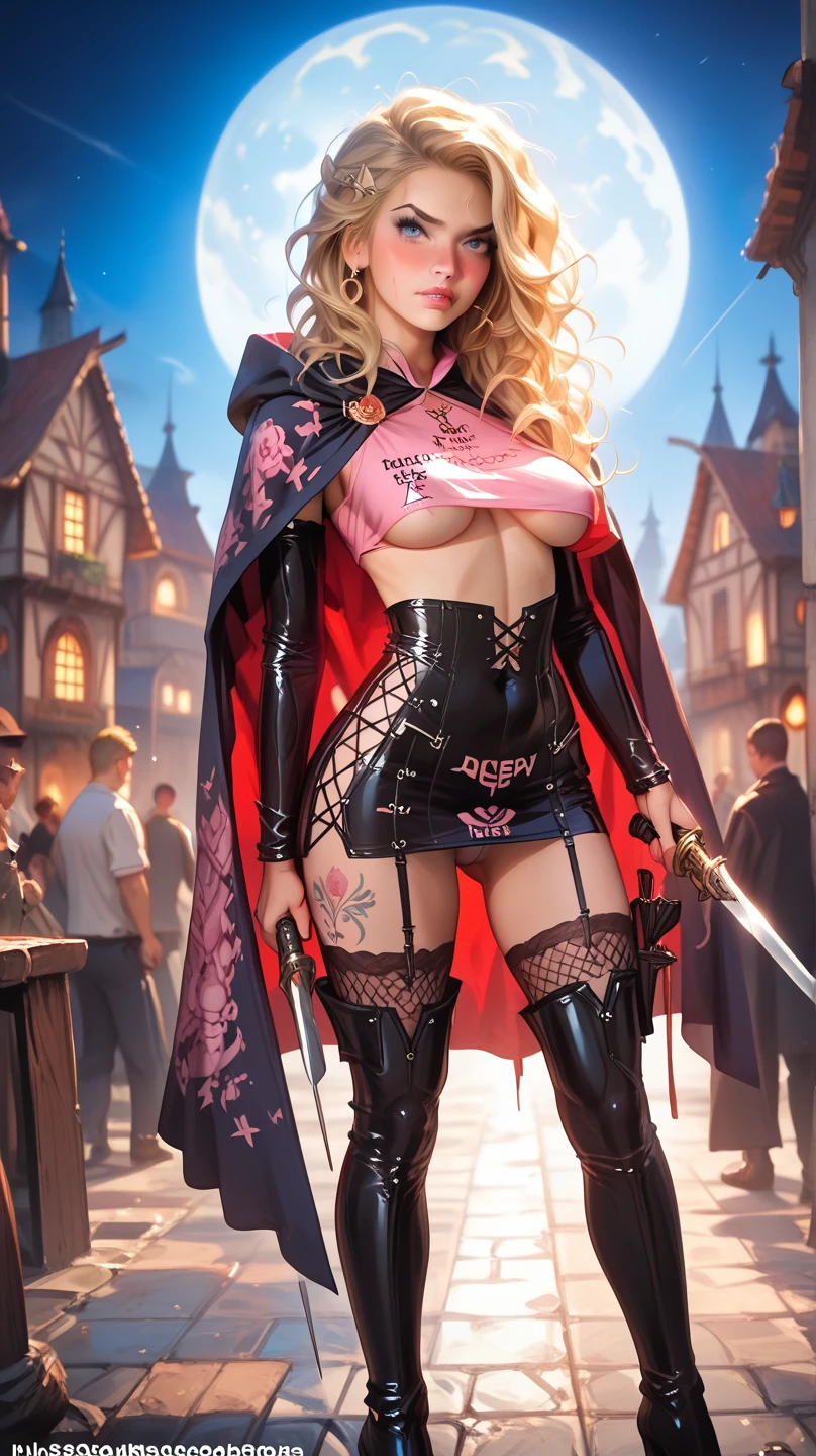 An 16 year old girl, alone, Very pretty, uninhibited, thick red lips, very detailed face, foreshortened front view, conceptual art, sexy Little Red Riding Hood, fuckable Little Red Riding Hood, Porn Little Red Riding Hood, little red riding hood, cape, very long blonde hair braiding that falls on her giant breasts, blue eyes, belts, shoulder straps, giant breasts, huge breasts, breasts shown, skirt showing buttocks. her buttocks can be seen, a white lace blouse with a huge neckline that leaves her gigantic breasts exposed, tits outside her blouse, hard nipples, erect nipples, Little Red Riding Hood goes out to fuck with the wolf, very sexual Little Red Riding Hood, tattoo of a ferocious wolf Tex Avery cartoon on leg, basket placed on his arm, (Masterpiece, highly detailed, facing viewer, bright blurred gray background, gradient sprayed background, blurred background: 1.2)