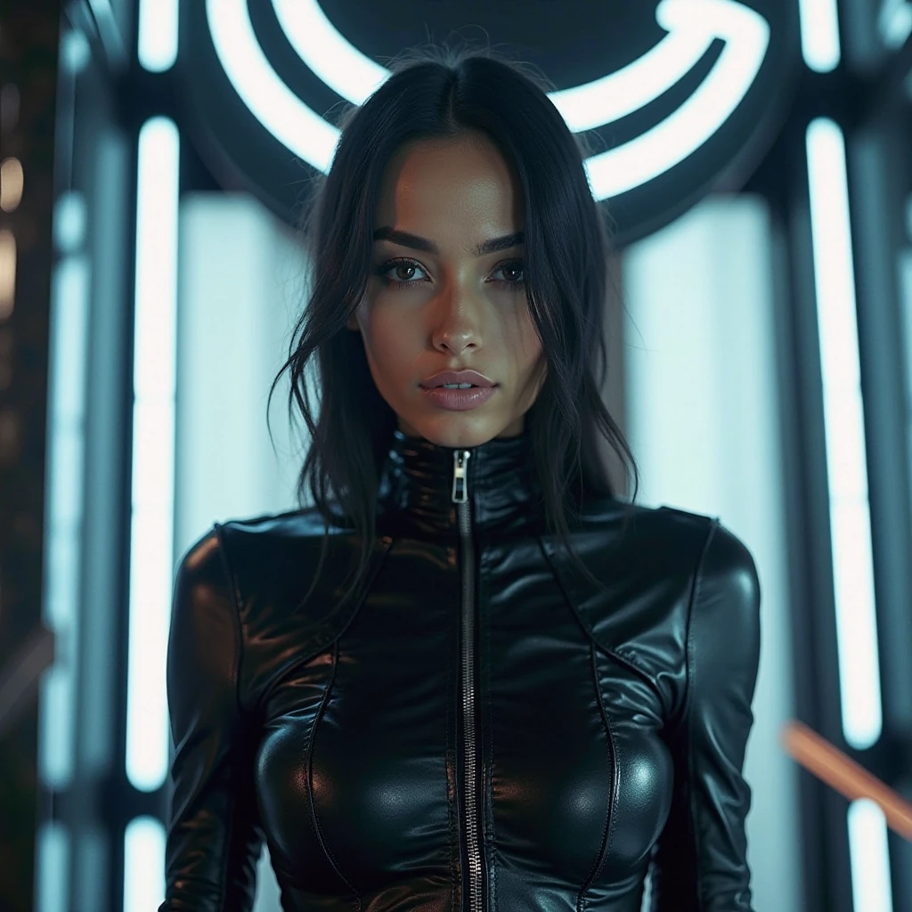 A very beautiful girl, Latin American appearance, but with big blue eyes, with long black curly hair, slender, Futurism, cyberpunk, steampunk, dressed in a red leather shiny futuristic suit with bronze inserts with elements of space and ethno, standing at full height on a dark background in bright enchanting flashes of neon light, cinematic quality, Masterpiece, high-quality photo Cinematic Frame, Hasselblad X2D, ultra-detailed, photorealistic, cinematic quality
