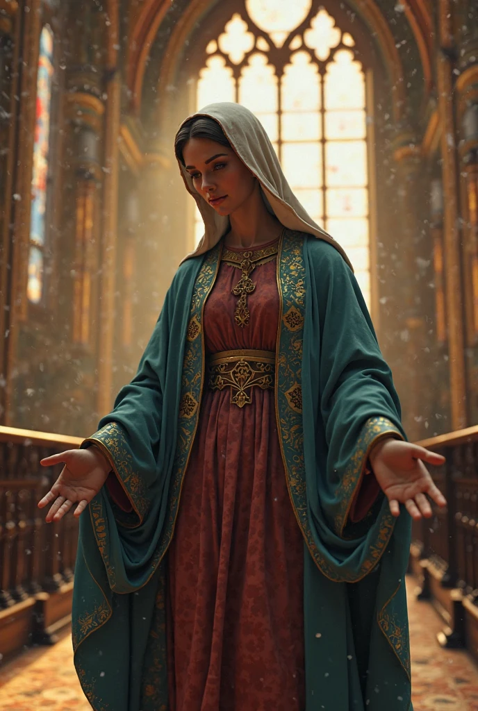 Beautiful Virgin Mary, whole body, A reddish-beige tunic with a pale blue cloak and veil, Inside the church, night, Stained glass in the background