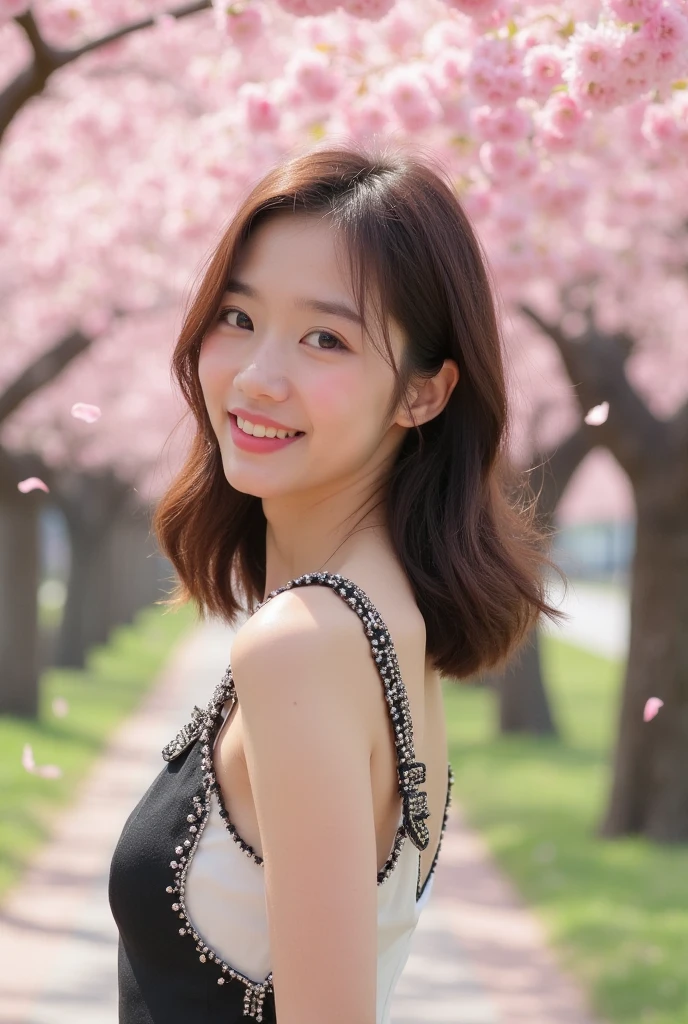 (8k, Photorealistic, Raw photo, Highest quality: 1.4),Japanese idol style１Beautiful girl of the person,18-year-old,Short bob hairstyle,Silver Hair,She has her hair tucked behind her ears,She has small earrings in her ears,Big, clear grey eyes,Long eyelashes,Plump Cheeks,She is wearing pink lipstick,Apply gloss over your lipstick for glossy, plump lips,Smiling,A short pendant is hanging around her neck.,The nails on both hands are painted with light pink nail polish.,Both toenails have red nail polish,(She is wearing a sleeveless floral dress,(Dark colored base :1.4),(Long length :1.2)),barefoot,Standing on the grass under a tree in the park,Full body portrait