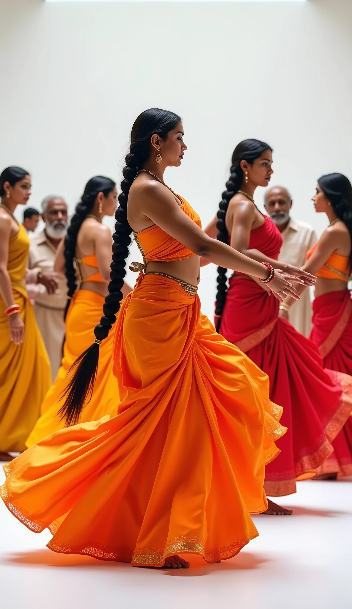 I did a long, single braid hairstyle、Hot, Slim, Curvy White South Indian Beauties, Women Wearing Very Big Saree, natural pose, Group of Fat Old Indian Men Watching Women, in a white blank room , woman staring at camera, Dancing Woman