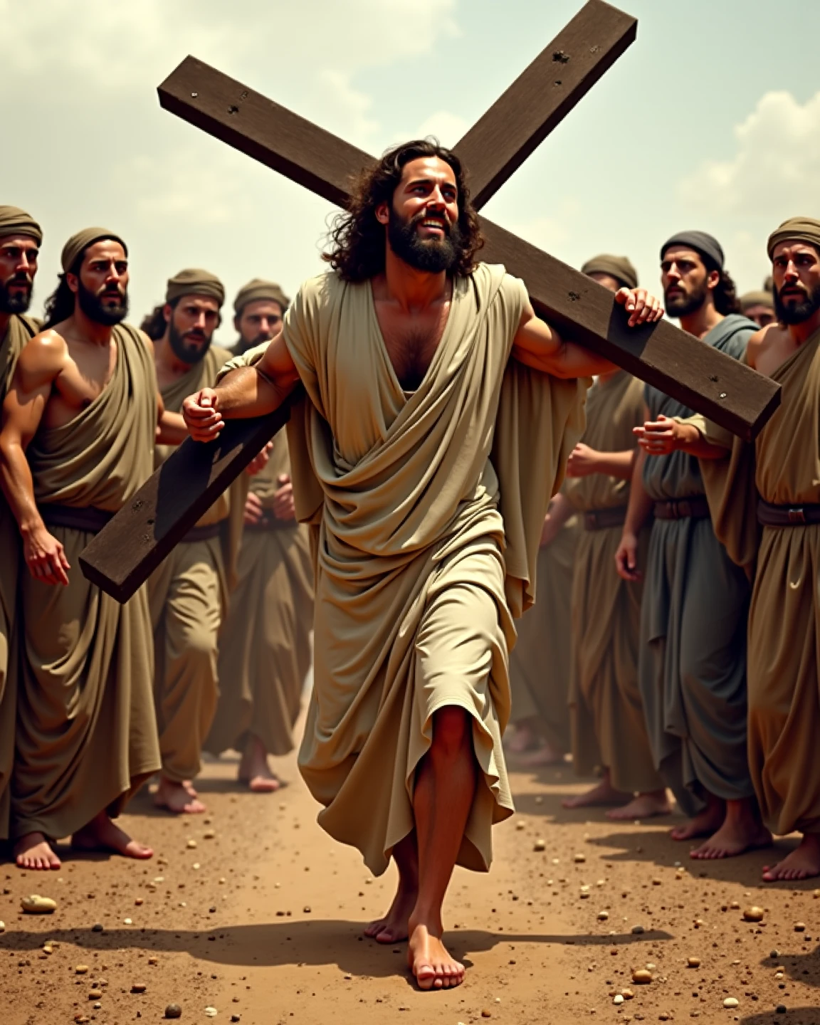 Jesus Christ coming out of a cave with all his apostles in Christian caveman clothing on a bone to defend himself
