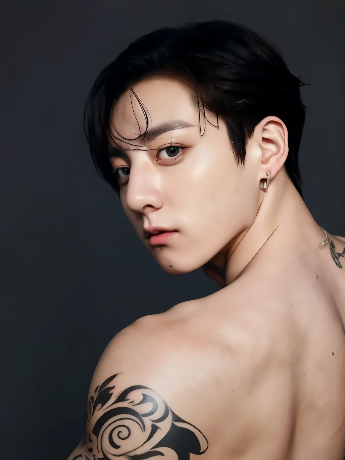 Jungkook looking back, cute biceps, serious eyes, handsome man