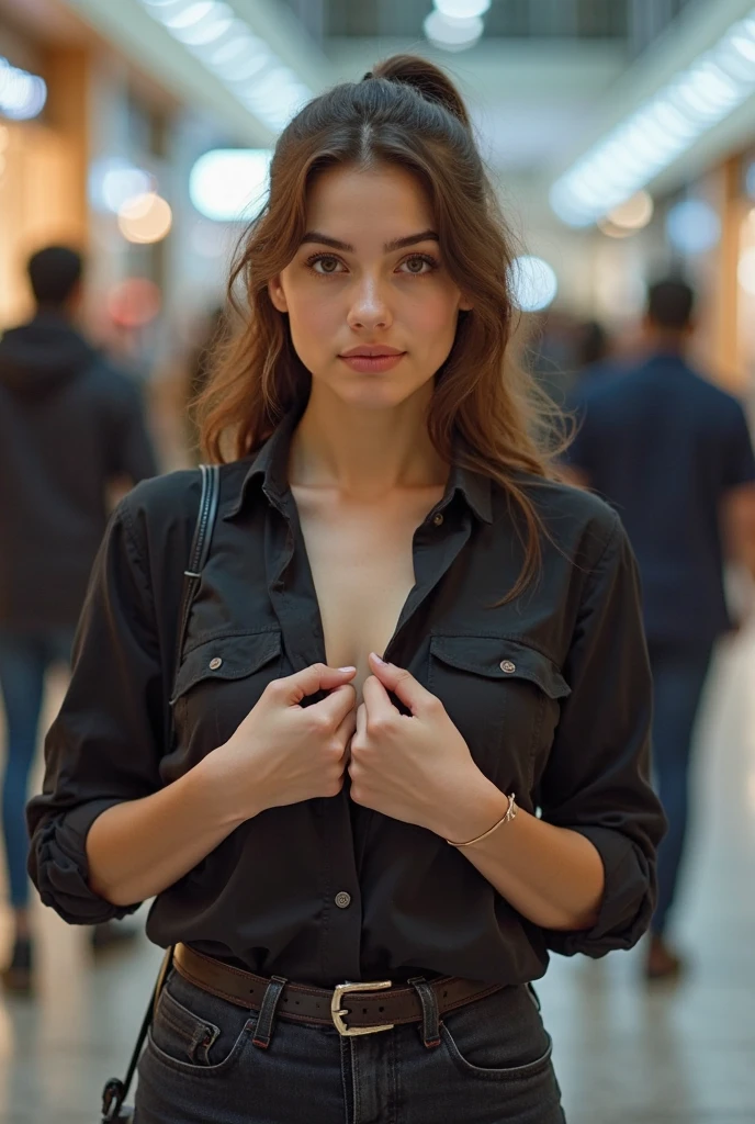 Abrigo rojo, pelo negro, con pechos grandes, que este sentada posando para una foto con una sonrisa