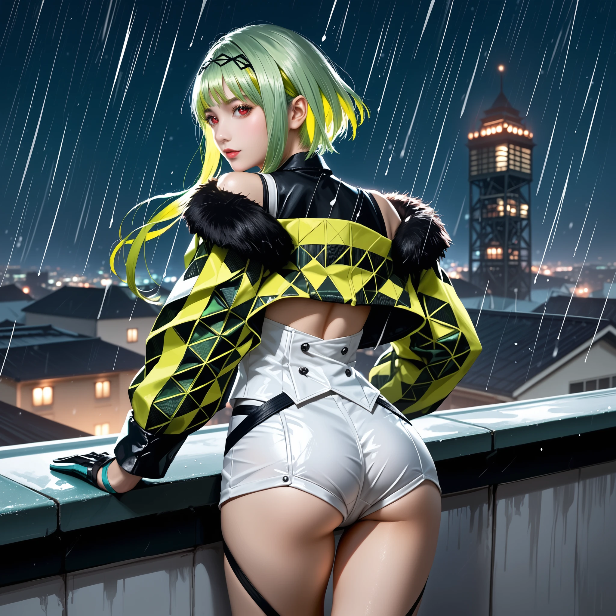 score_9, Ringo, short hair with long locks, red eyes, big ass, jacket, multicolored hair, green hair, shorts, gloves, hairband, waist showing, body marking, back, sexy pose, sexy expression, roof of a modern factory, night, raining, realistic, high quality, detailed